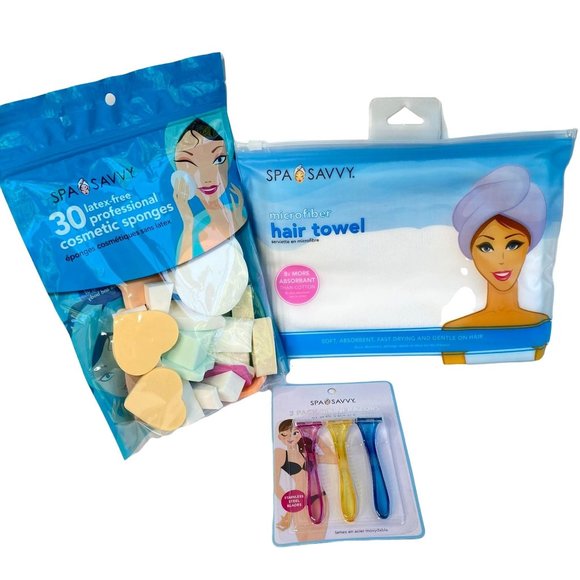 Spa Savvy Gift Pack 3 Razors 1 Hair Towel 30 Cosmetic Sponges Girls Gift Party - Picture 1 of 8